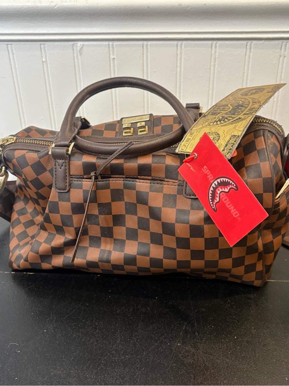 Sprayground Brown Checkered Studded Crossbody Weekender - Picture 7 of 11